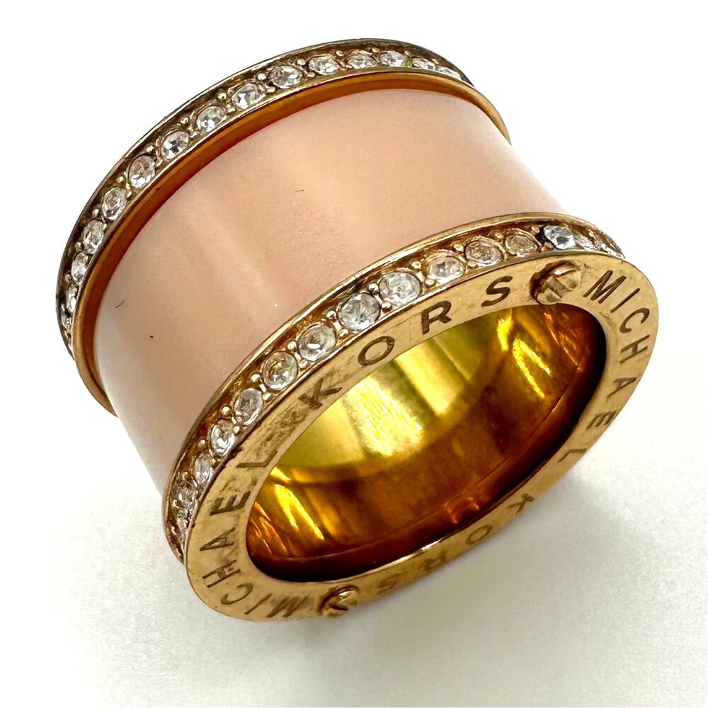 Michael Kors rose gold tone pink enamel clear crystals statement ring size 7